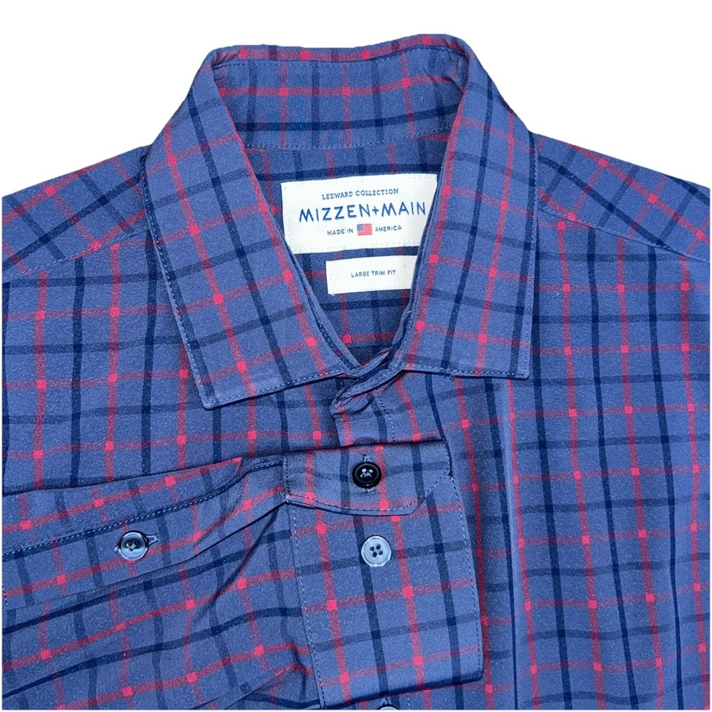 Mizzen & Main Leeward Collection Men's Large Trim Fit Stretch Blue Red Plaid